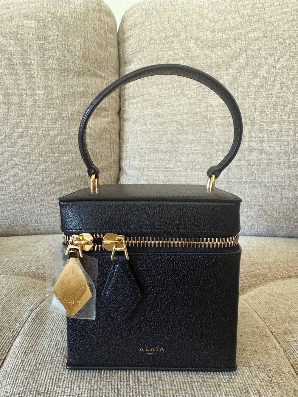 Brand New Authentic Alaïa Black Leather Mini Vanity Bag with Gold Hardware